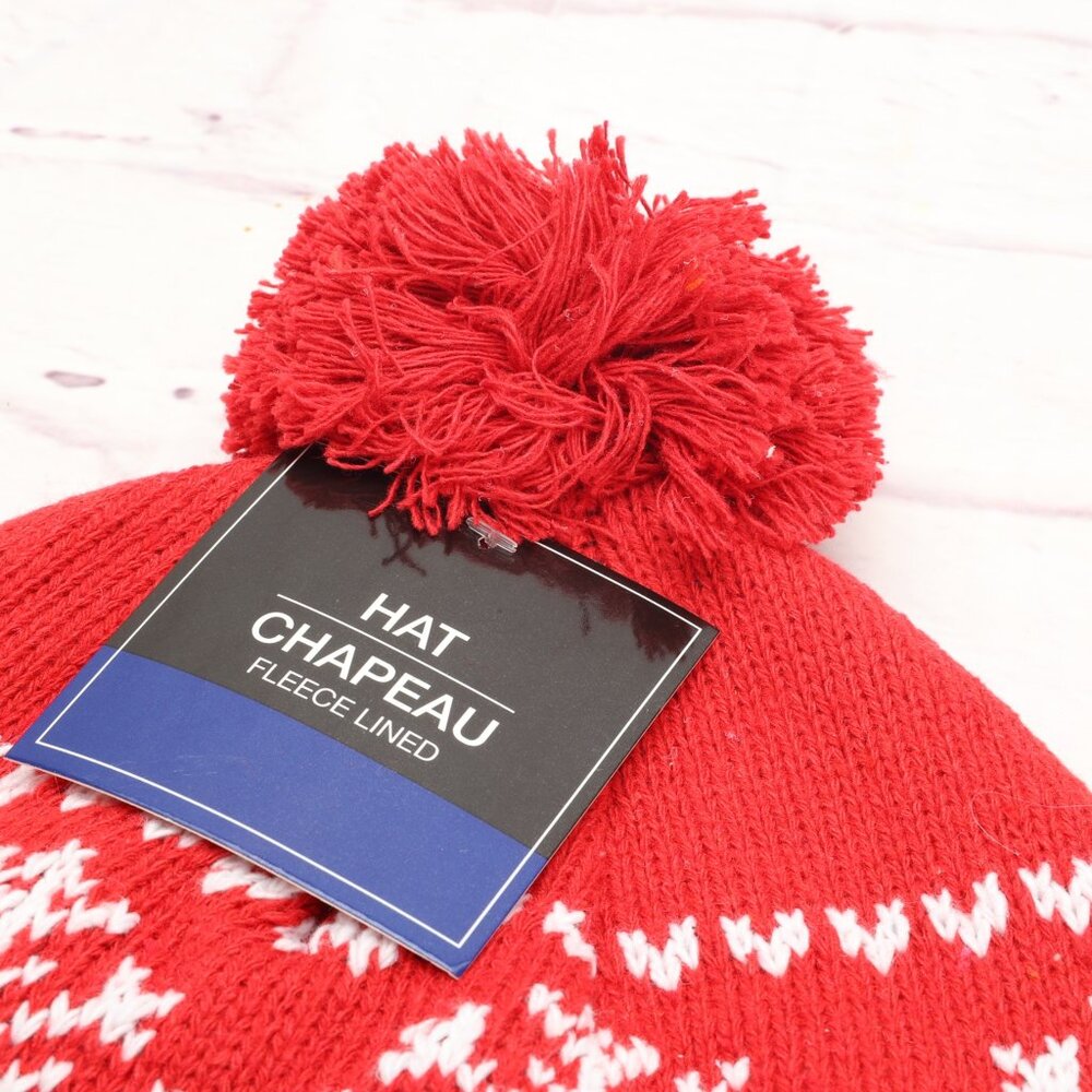 Chapeau Snowflake Winter Ski Beanie Hat Red White Fleece Lined W/Top Pom